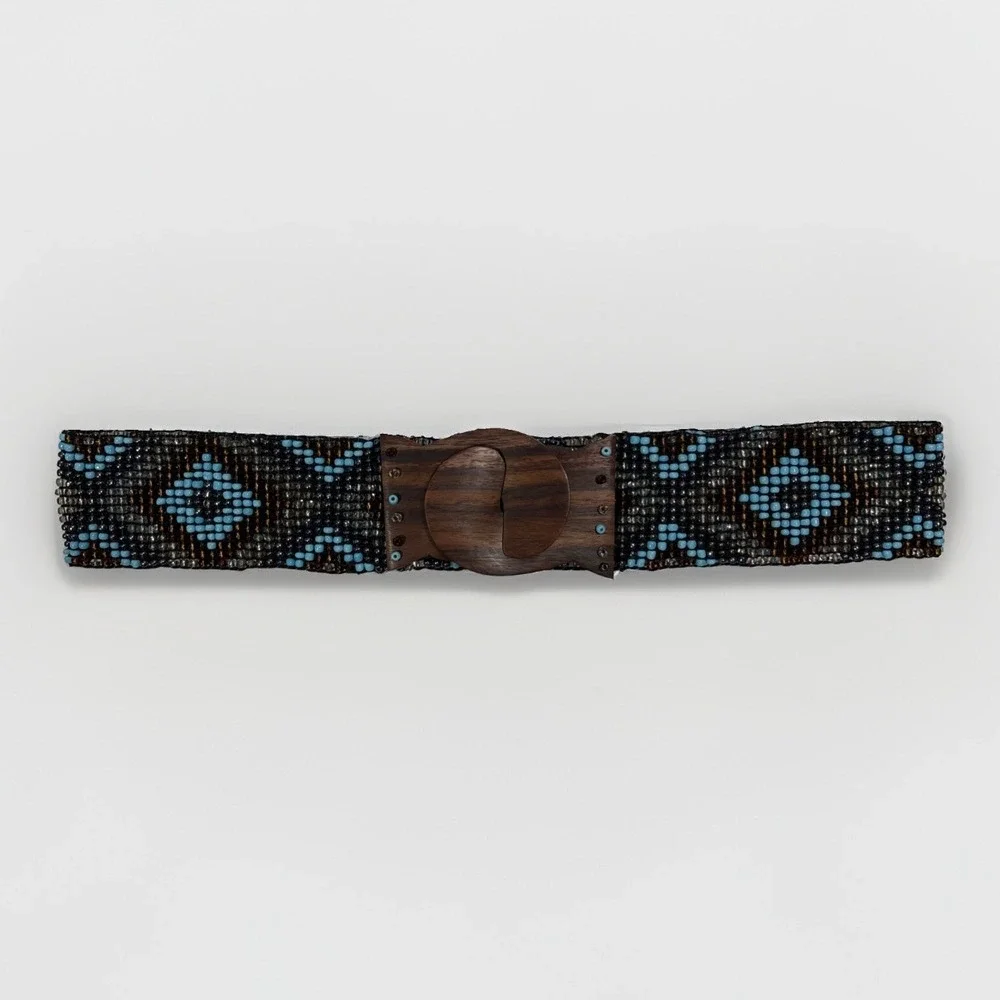 Vintage Handmade Glass Beaded Stretch Belt Wooden Interlocking Hook Buckle Boho
